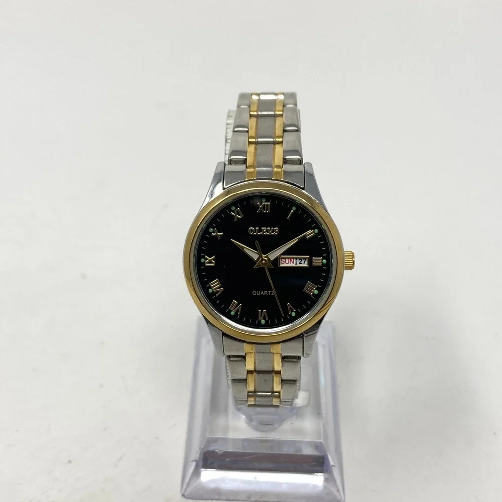 Olevs Women's Watch 29mm Silver Gold Tone Day Date Black Dial New Battery 6.25